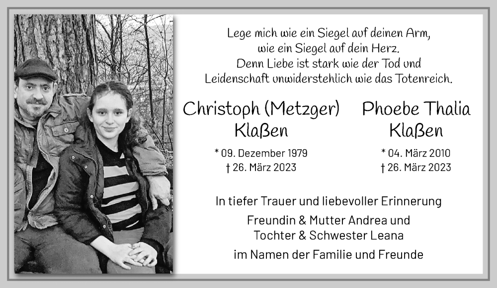  Traueranzeige für Christoph und Phoebe Thalia Klaßen vom 18.06.2023 aus trauer.extra-tipp-moenchengladbach.de