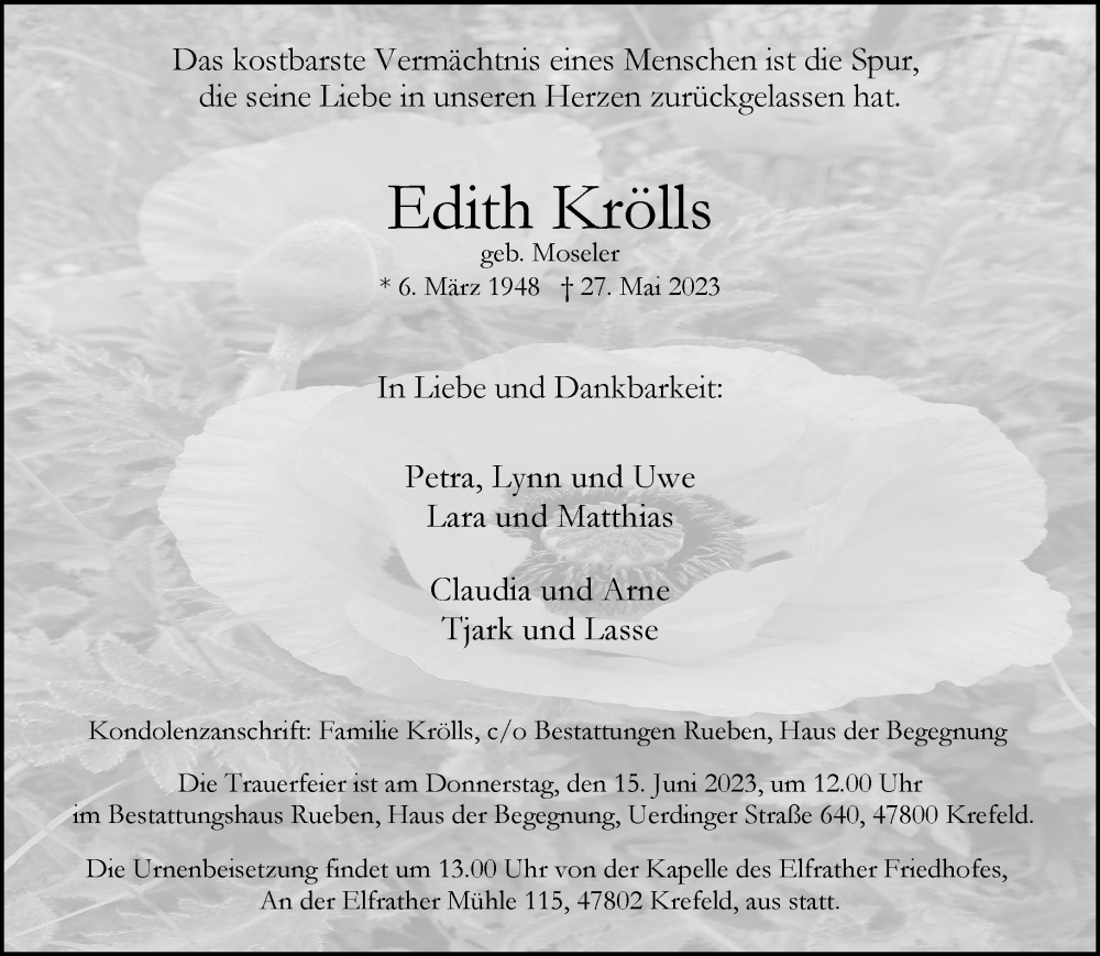  Traueranzeige für Edith Krölls vom 04.06.2023 aus trauer.mein.krefeld.de