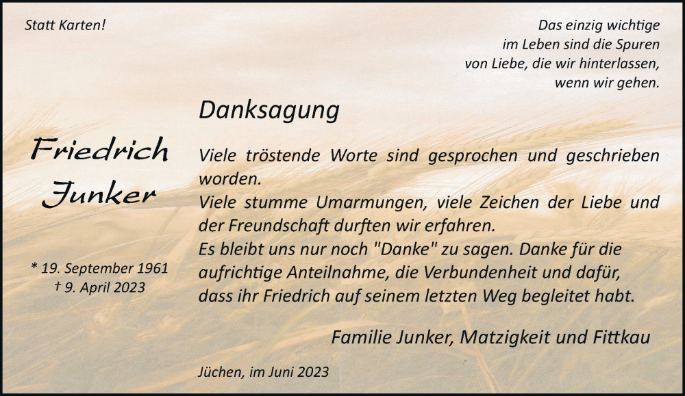  Traueranzeige für Friedrich Junker vom 03.06.2023 aus trauer.stadt-kurier.de