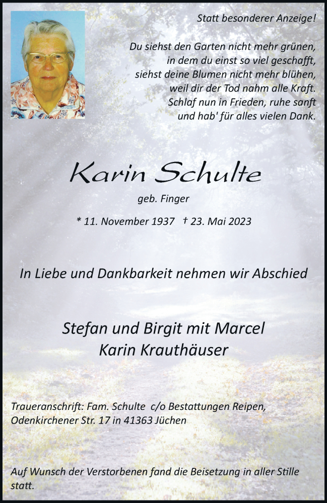  Traueranzeige für Karin Schulte vom 03.06.2023 aus trauer.stadt-kurier.de