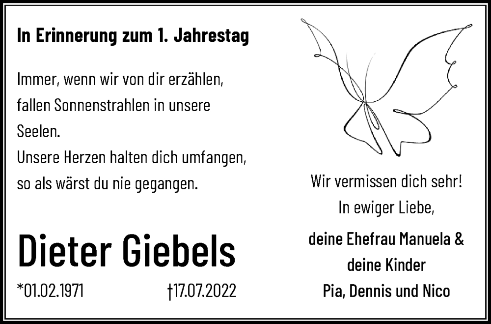  Traueranzeige für Dieter Giebels vom 16.07.2023 aus trauer.extra-tipp-moenchengladbach.de