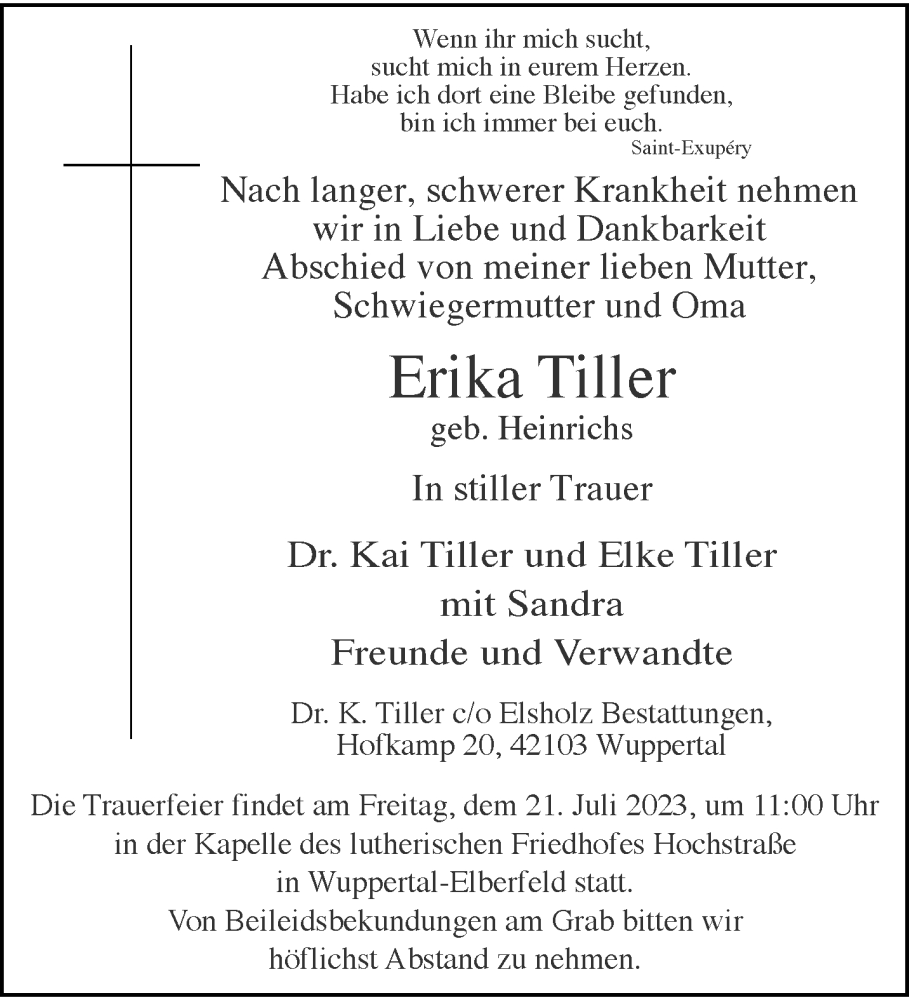  Traueranzeige für Erika Tiller vom 15.07.2023 aus trauer.wuppertaler-rundschau.de