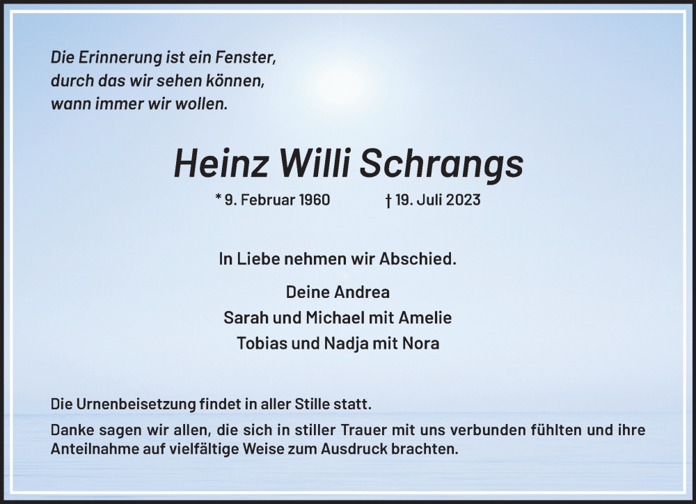  Traueranzeige für Heinz Willi Schrangs vom 30.07.2023 aus trauer.extra-tipp-moenchengladbach.de