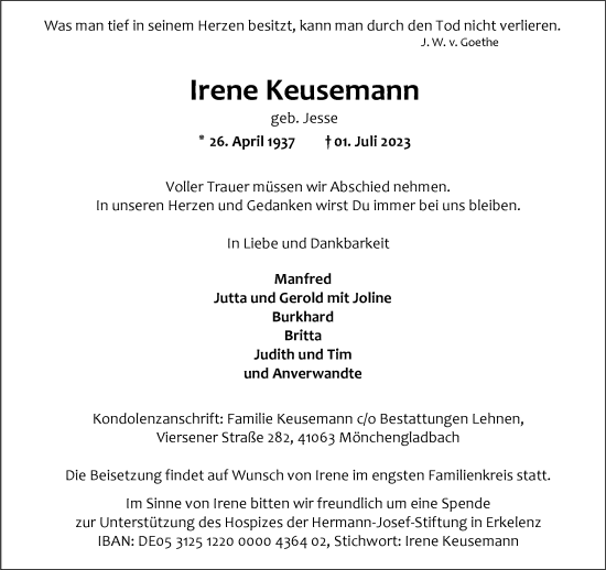 Traueranzeige von Irene Keusemann von trauer.extra-tipp-moenchengladbach.de