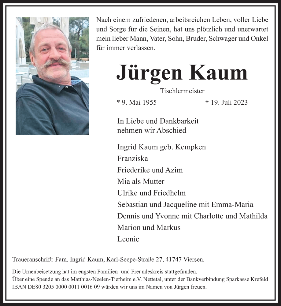  Traueranzeige für Jürgen Kaum vom 30.07.2023 aus trauer.extra-tipp-moenchengladbach.de