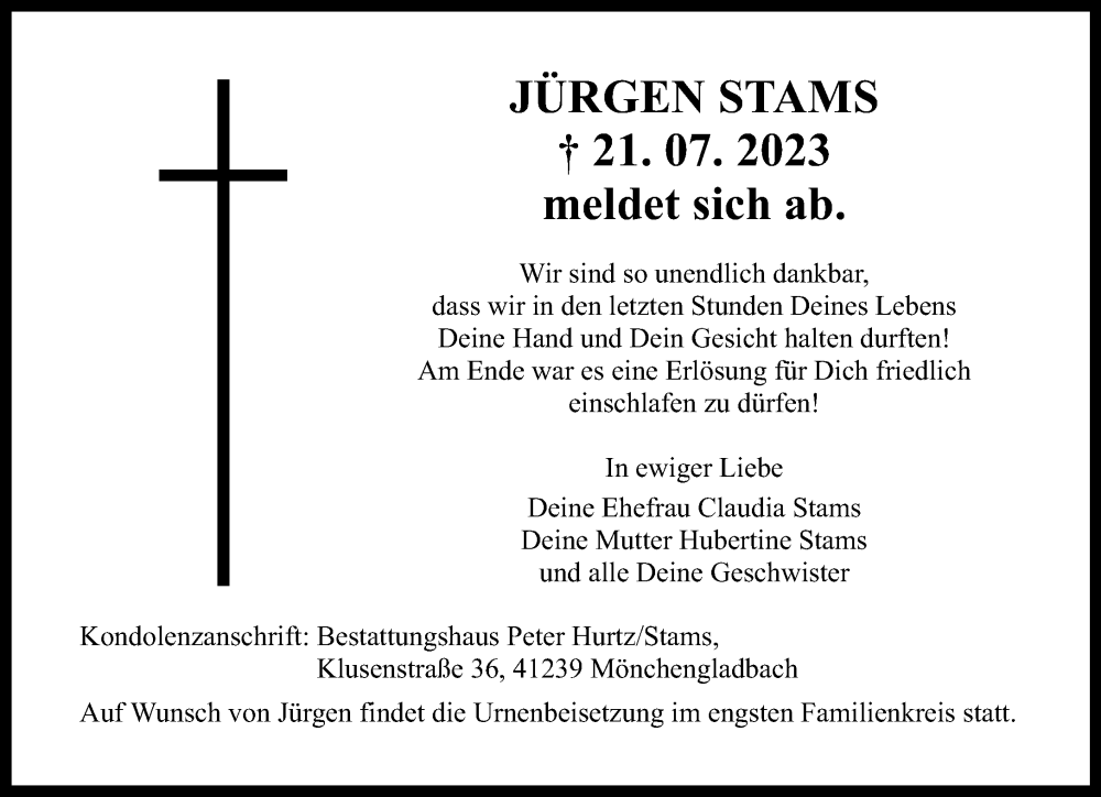  Traueranzeige für Jürgen Stams vom 30.07.2023 aus trauer.extra-tipp-moenchengladbach.de