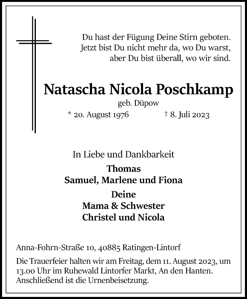  Traueranzeige für Natascha Nicola Poschkamp vom 30.07.2023 aus trauer.mein.krefeld.de