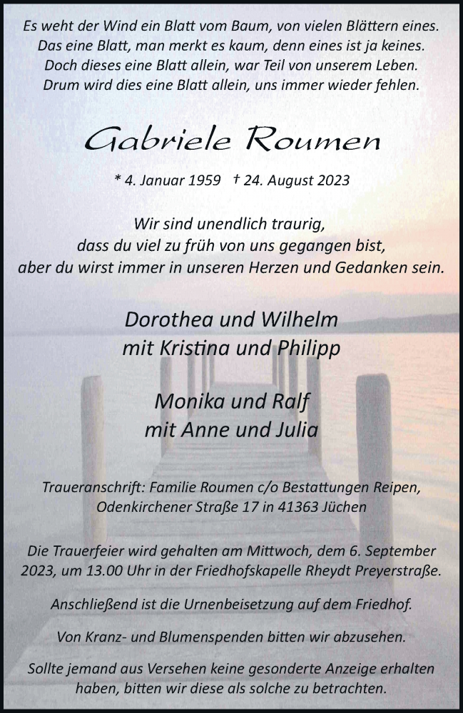  Traueranzeige für Gabriele Roumen vom 02.09.2023 aus trauer.stadt-kurier.de