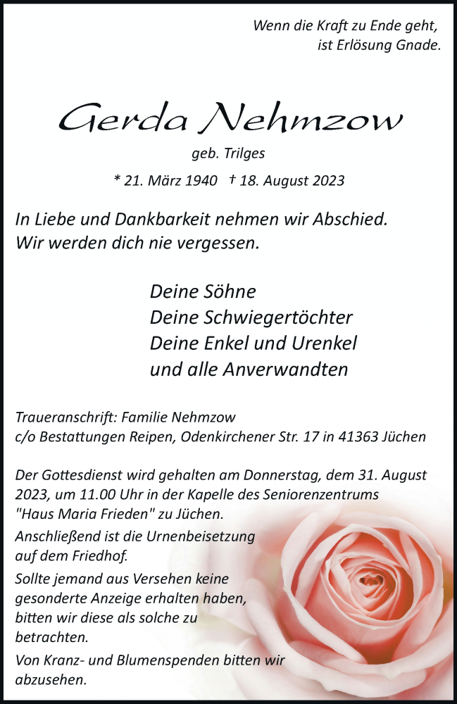  Traueranzeige für Gerda Nehmzow vom 26.08.2023 aus trauer.stadt-kurier.de