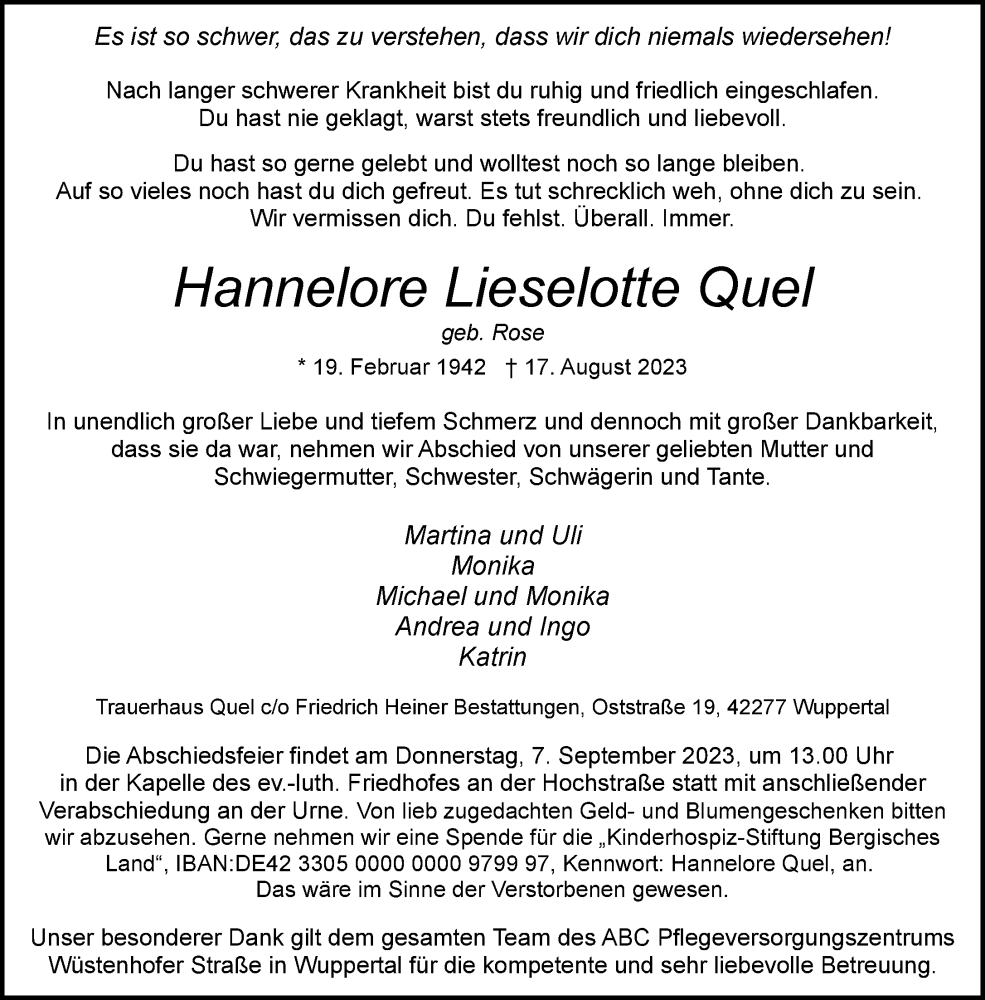  Traueranzeige für Hannelore Lieselotte Quel vom 26.08.2023 aus trauer.wuppertaler-rundschau.de