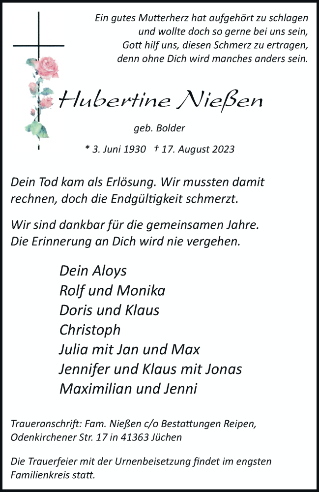  Traueranzeige für Hubertine Nießen vom 26.08.2023 aus trauer.stadt-kurier.de