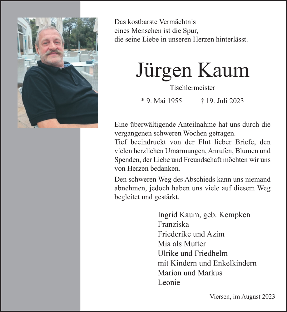  Traueranzeige für Jürgen Kaum vom 13.08.2023 aus trauer.extra-tipp-moenchengladbach.de