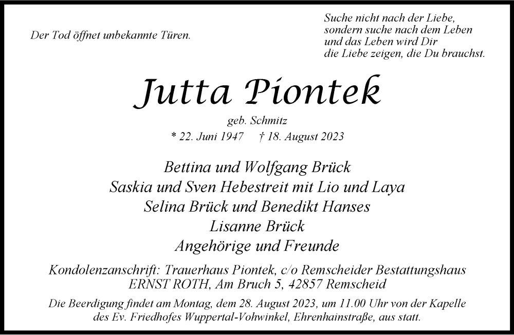  Traueranzeige für Jutta Piontek vom 26.08.2023 aus trauer.wuppertaler-rundschau.de