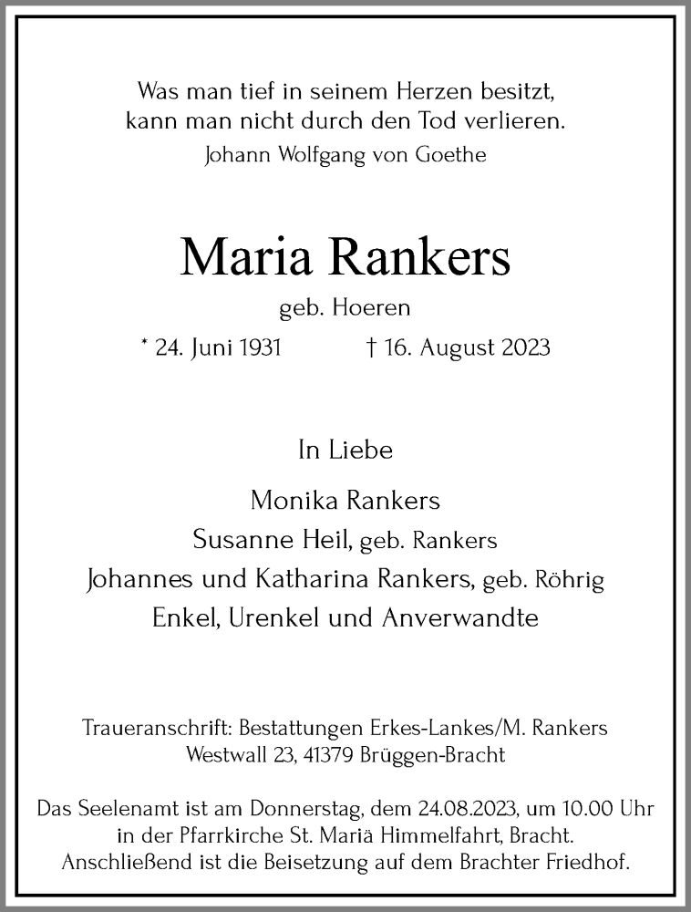  Traueranzeige für Maria Rankers vom 20.08.2023 aus trauer.extra-tipp-moenchengladbach.de
