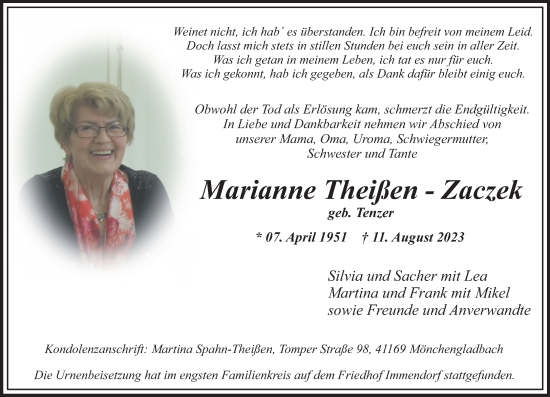 Traueranzeige von Marianne Theißen-Zaczek von trauer.extra-tipp-moenchengladbach.de