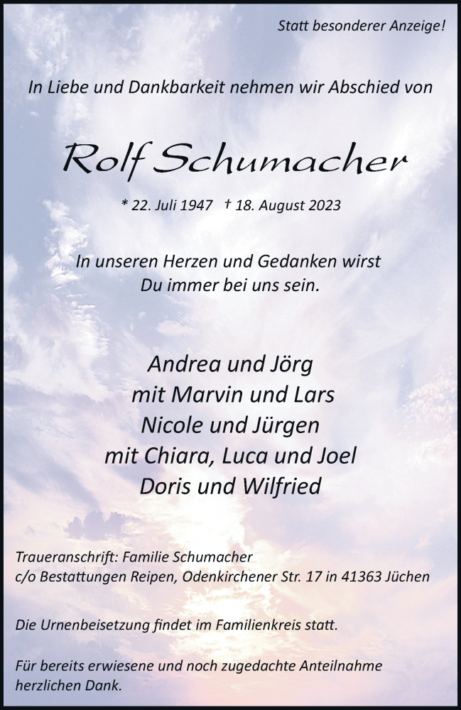  Traueranzeige für Rolf Schumacher vom 26.08.2023 aus trauer.stadt-kurier.de