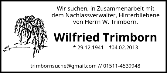 Traueranzeige von Wilfried Trimborn von trauer.wuppertaler-rundschau.de