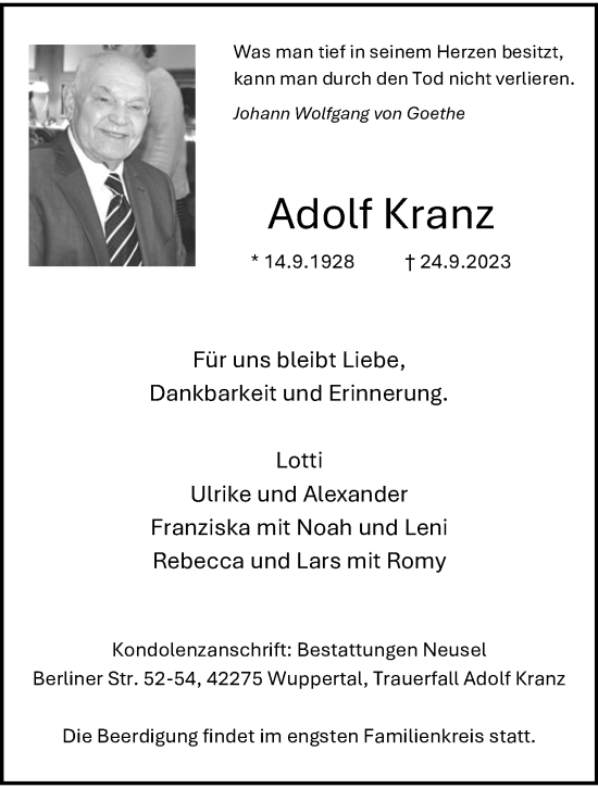 Traueranzeige von Adolf Kranz von trauer.wuppertaler-rundschau.de