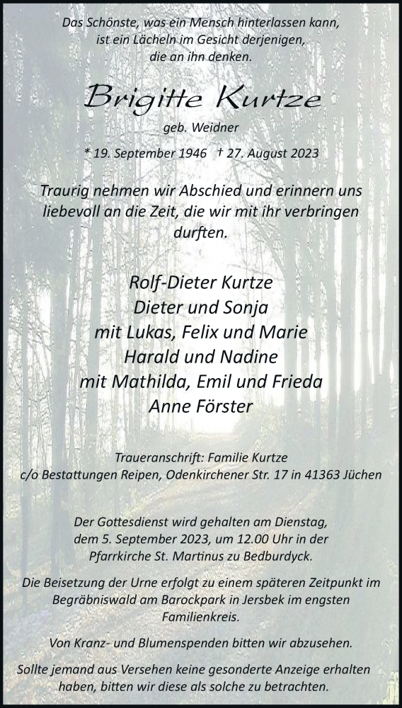  Traueranzeige für Brigitte Kurtze vom 02.09.2023 aus trauer.stadt-kurier.de