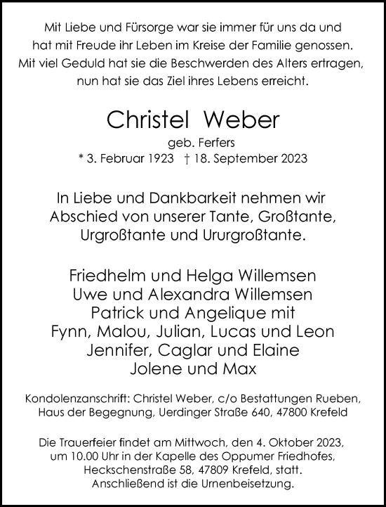 Traueranzeige von Christel Weber von trauer.extra-tipp-moenchengladbach.de
