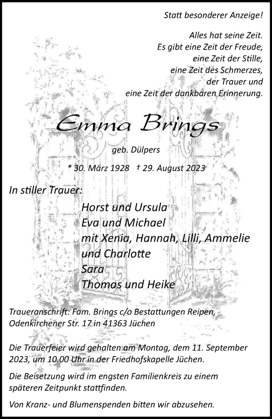 Traueranzeige von Emma Brings von trauer.stadt-kurier.de
