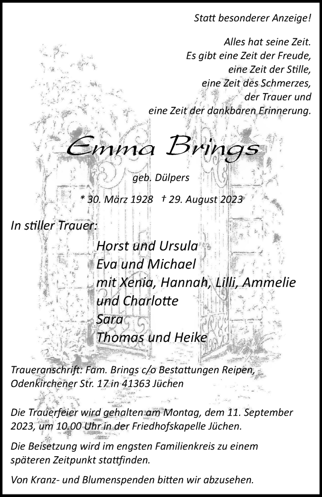  Traueranzeige für Emma Brings vom 09.09.2023 aus trauer.stadt-kurier.de