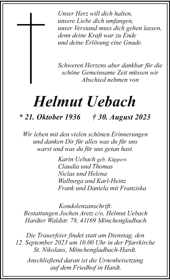 Traueranzeige von Helmut Uebach von trauer.extra-tipp-moenchengladbach.de