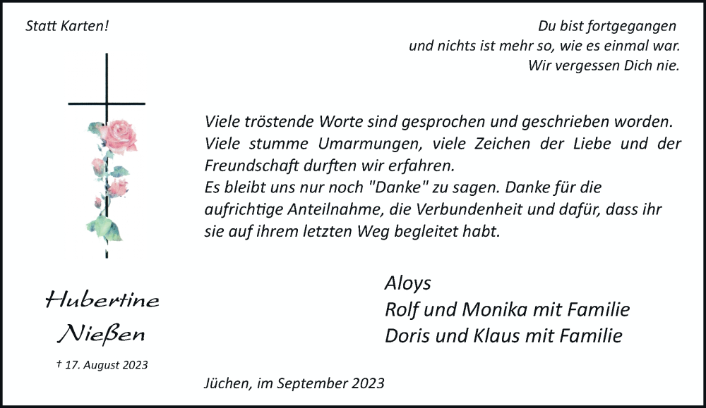  Traueranzeige für Hubertine Nießen vom 23.09.2023 aus trauer.stadt-kurier.de