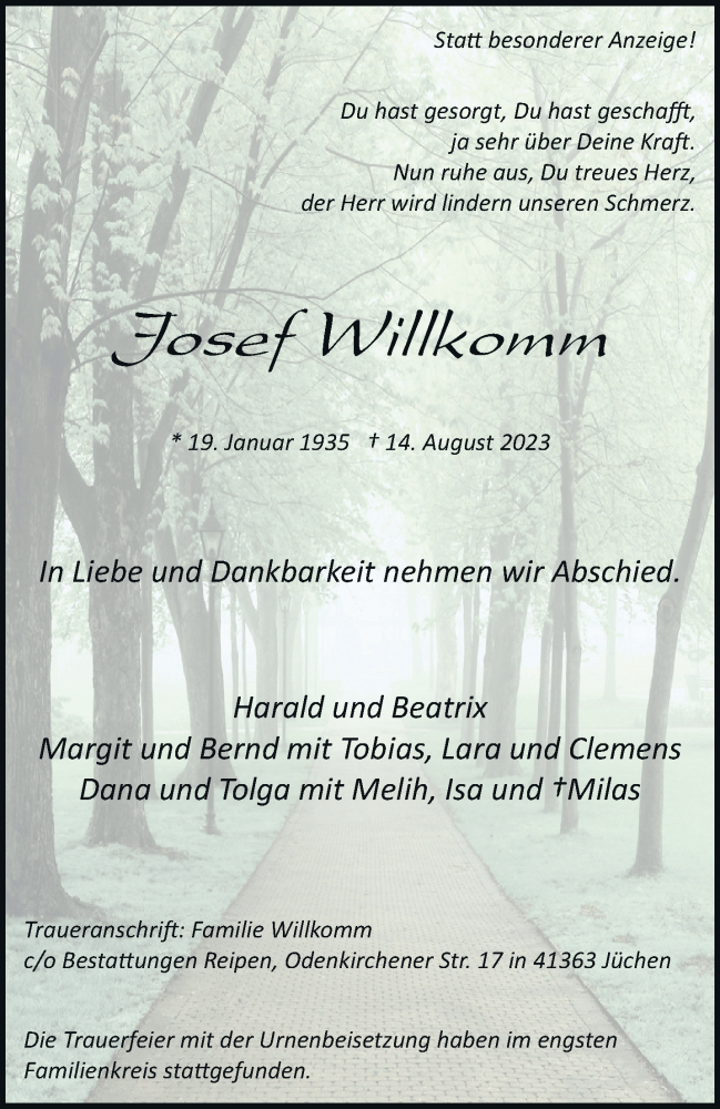  Traueranzeige für Josef Willkomm vom 09.09.2023 aus trauer.stadt-kurier.de