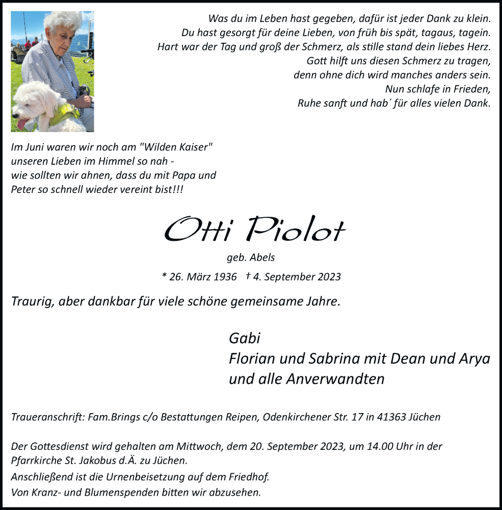  Traueranzeige für Otti Piolot vom 16.09.2023 aus trauer.stadt-kurier.de