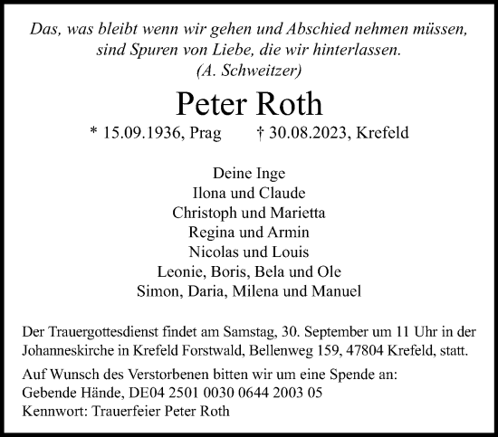 Traueranzeige von Peter Roth von trauer.extra-tipp-moenchengladbach.de