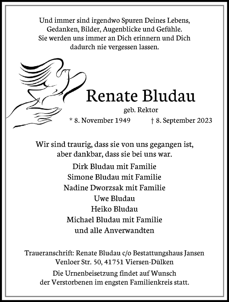  Traueranzeige für Renate Bludau vom 17.09.2023 aus trauer.extra-tipp-moenchengladbach.de