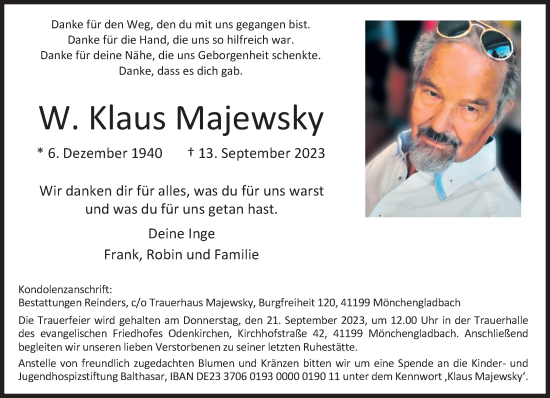 Traueranzeige von W. Klaus Majewsky von trauer.extra-tipp-moenchengladbach.de