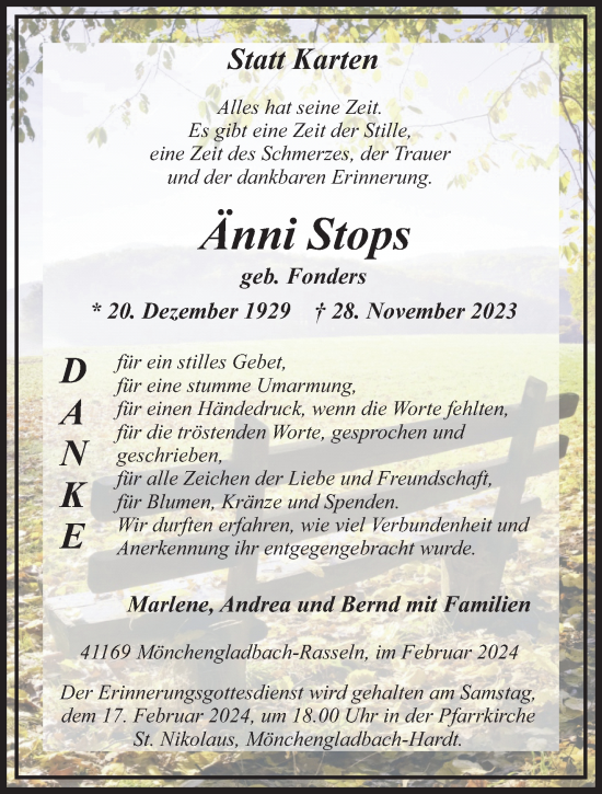 Traueranzeige von Änni Stops von trauer.extra-tipp-moenchengladbach.de