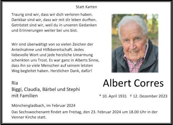 Traueranzeige von Albert Corres von trauer.extra-tipp-moenchengladbach.de