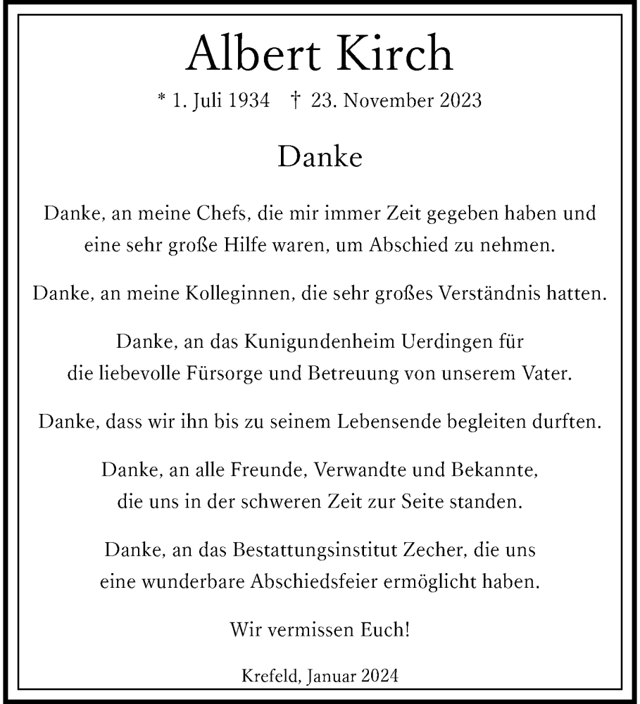 Traueranzeige für Albert Kirch vom 07.01.2024 aus trauer.extra-tipp-moenchengladbach.de