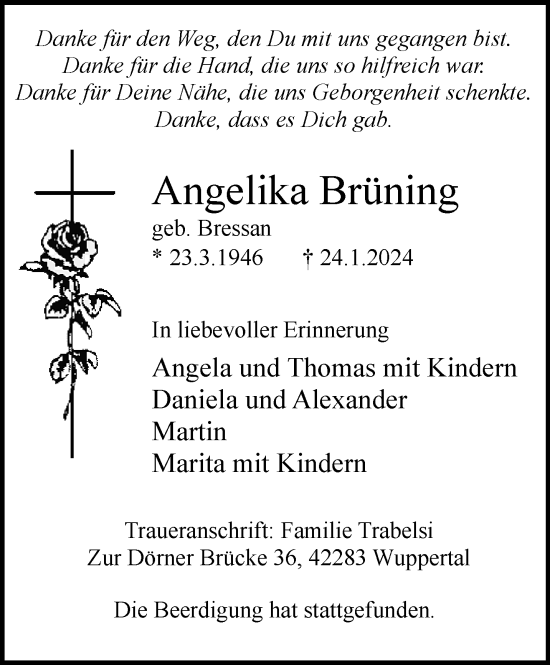 Traueranzeige von Angelika Brüning von trauer.wuppertaler-rundschau.de