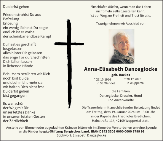 Traueranzeige von Anna-Elisabeth Danzeglocke von trauer.wuppertaler-rundschau.de