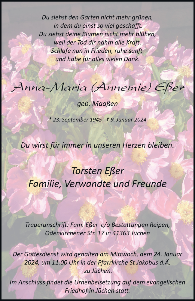  Traueranzeige für Anna-Maria Eßer vom 20.01.2024 aus trauer.stadt-kurier.de