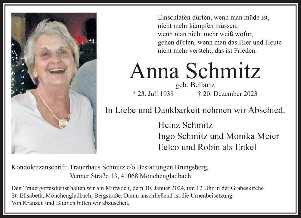  Traueranzeige für Anna Schmitz vom 07.01.2024 aus trauer.extra-tipp-moenchengladbach.de