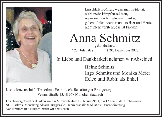 Traueranzeige von Anna Schmitz von trauer.extra-tipp-moenchengladbach.de