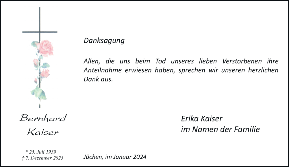  Traueranzeige für Bernhard Kaiser vom 20.01.2024 aus trauer.stadt-kurier.de