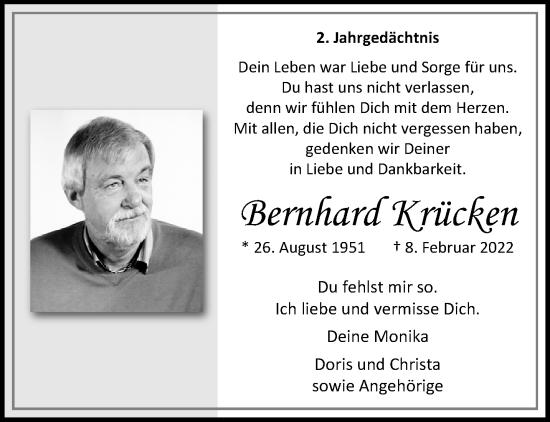 Traueranzeige von Bernhard Krücken von trauer.extra-tipp-moenchengladbach.de