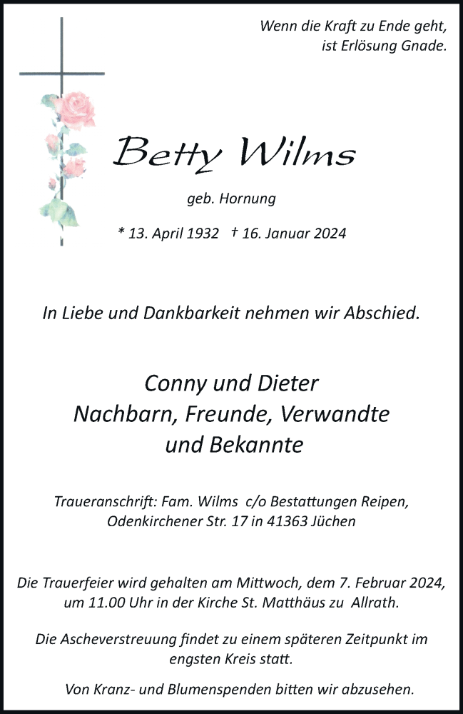  Traueranzeige für Betty Wilms vom 27.01.2024 aus trauer.stadt-kurier.de