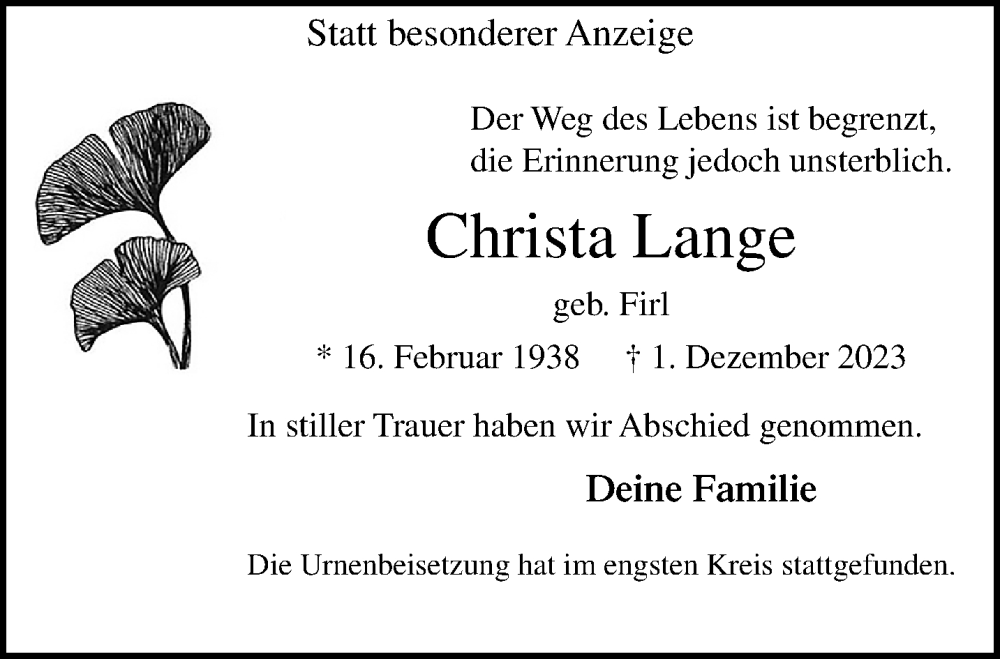  Traueranzeige für Christa Lange vom 07.01.2024 aus trauer.extra-tipp-moenchengladbach.de