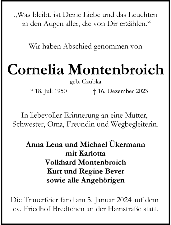 Traueranzeige von Cornelia Montenbroich von trauer.wuppertaler-rundschau.de