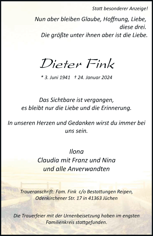  Traueranzeige für Dieter Fink vom 03.02.2024 aus trauer.stadt-kurier.de