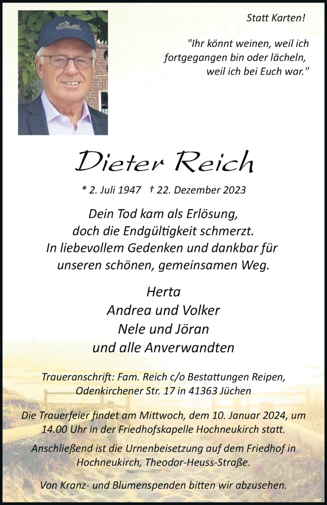  Traueranzeige für Dieter Reich vom 06.01.2024 aus trauer.stadt-kurier.de