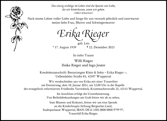 Traueranzeige von Erika Rieger von trauer.wuppertaler-rundschau.de