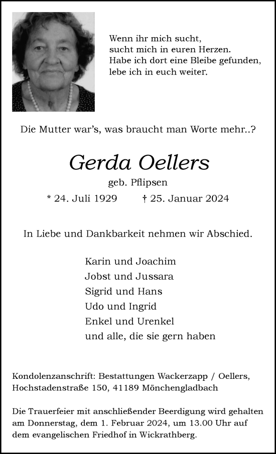 Traueranzeige von Gerda Oellers von trauer.extra-tipp-moenchengladbach.de